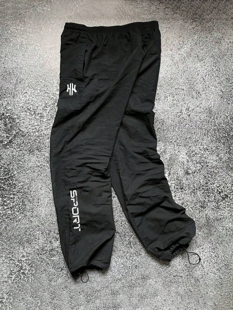 Sport MetroGents Men's Casual Letter Print Drawstring Waist Sports Pants - Black - View 1