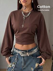 Coolane Women's Fall Back To School Basic Solid Color Pleated Asymmetrical Neck Long Sleeve Brown Sweatshirt - Coffee Brown - View 3