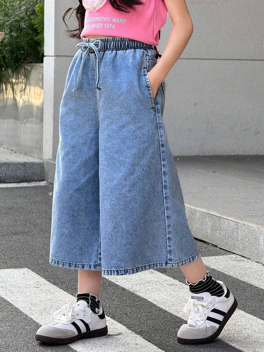 SHEIN Tween女孩休閒水洗寬腿牛仔褲 - 中等水洗藍 - 查看 1