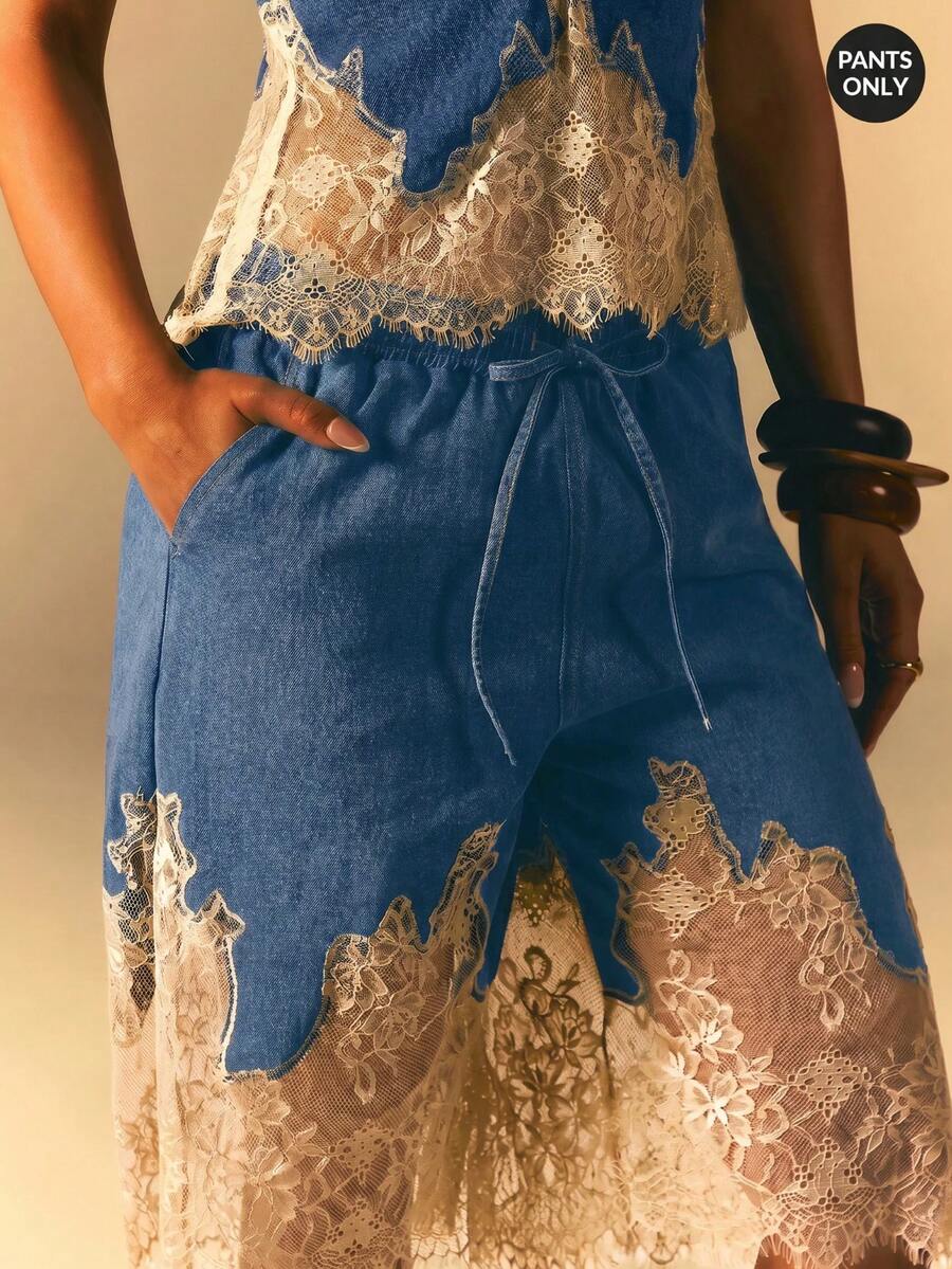 Athîral Denim 女士时尚百搭蕾丝拼接抽绳腰带口袋牛仔短裤 - 淺藍色 - 查看 1