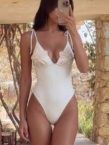 Bonvoyette Bandeau + 3D Floral Beading: The 3D Floral And Pearl/Rhinestone Beading On The Chest Is Its Signature Design, Bringing A Sense Of Sophistication And Vintage Atmosphere, Perfect For Photos. One-Piece Cut + Side Tie: The One-Piece Silhouette Can Effectively Flatter The Waist And Abdominal Lines, Suitable For Beach Vacations, Hot Springs, And Pool Photos. - Beige - View 1