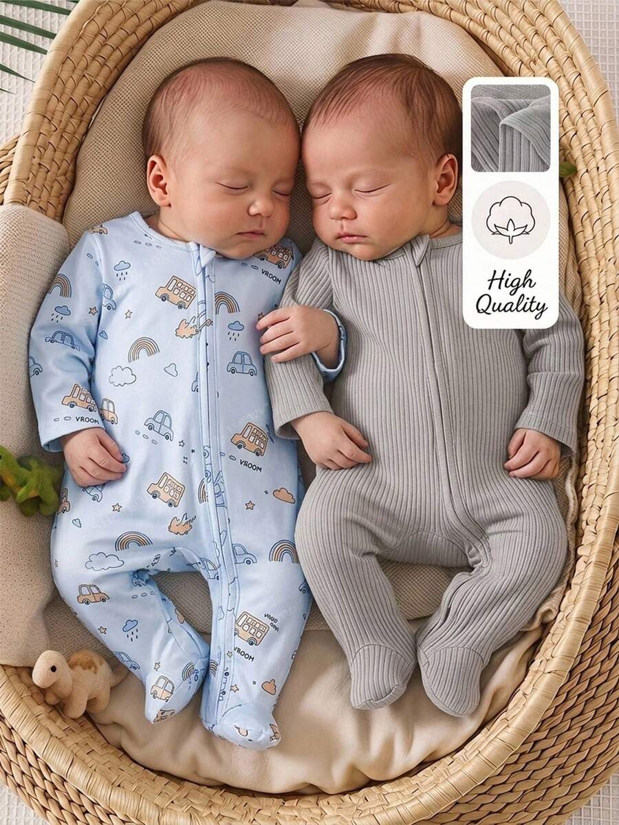 SHEIN Vintaside Kids 2件組新生兒居家服套裝,四季適用,灰色花卉羅紋棉布,可愛淺藍色汽車印花連身包屁衣 - 藍色 - 查看 1