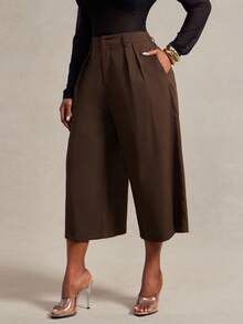 Radiana Plus Size Women's Minimalist Business Casual Fashion Brown Plus Size Wide Leg Capris Pants, Commuter Office Trousers Summer - Brown - View 6