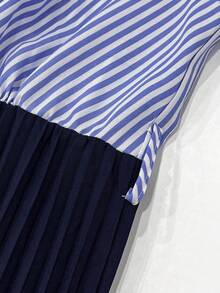 GlowEve CURVE Plus Size Long Sleeve Striped A-Line Dress With Collar, Button Front, Pleated Waist, Simple Elegant Style - Blue - View 5