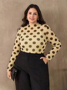 Chikora Plus Size Women's Mesh Print Elastic Fitted Polka Dot Top - Yellow - View 3