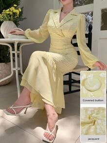 Modelyn Elegant Romantic Double-Breasted Lapel Collar Chiffon Patchwork Yellow Jacquard Dress Tea Party Summer - Yellow - View 5