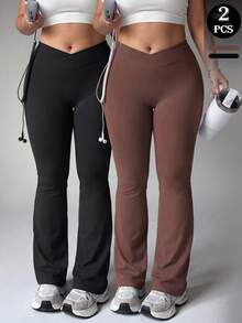 Velisys Velisys 2pcs Plus Size Flare Pants Black & Dark Brown Knit Seamless Crossover Waist Sexy New Style Suitable For Spring Summer Autumn Winter Outdoor Wear - Multicolor - View 1