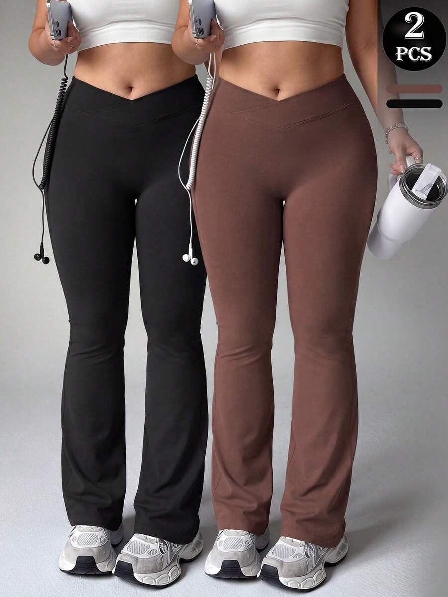 Velisys Velisys 2pcs Plus Size Flare Pants Black & Dark Brown Knit Seamless Crossover Waist Sexy New Style Suitable For Spring Summer Autumn Winter Outdoor Wear - Multicolor - View 1