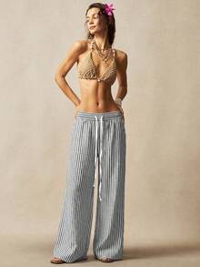 Bohemela Casual Woven Striped Loose Fit Women's Long Pants - Black and White - View 6