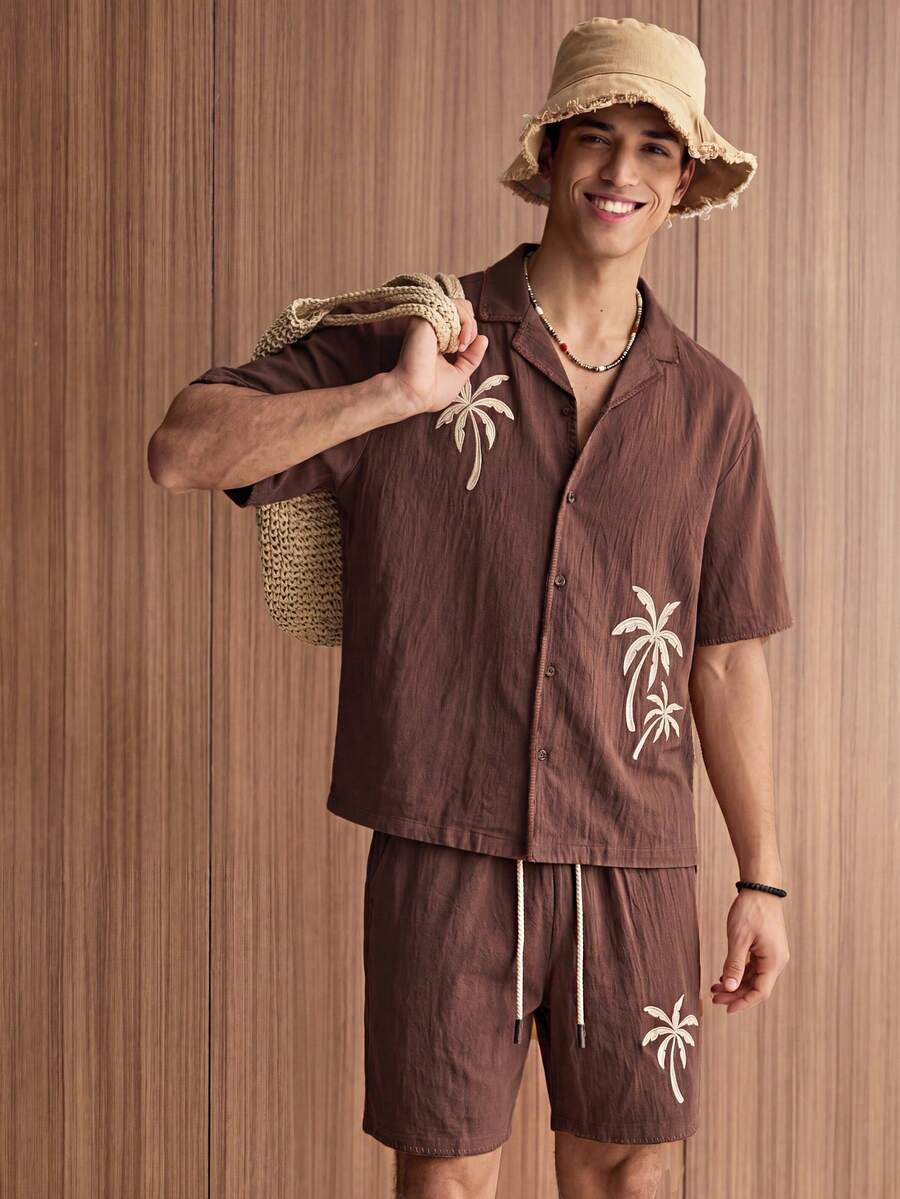 SWAVVY Men's Woven Fashion Casual Young Loose Short Sleeve Shirt And Elastic Waist Straight Leg Shorts 2 Pieces Set - Brown - View 1