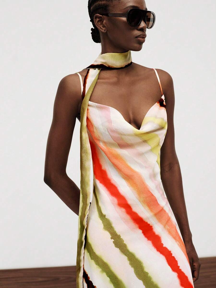 Aveloria Modichic New Vacation Style Off-White Striped Chiffon Fabric Long Spaghetti Strap Sexy Aesthetic Low Rise Dress Cowl Neck Slim Fit Summer Elegant Dinner Party - Multicolor - View 1
