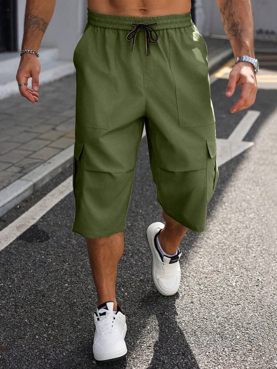 Manfinity Homme Plus Size Men's Drawstring Waist Solid Color Casual Versatile Daily Wear Cargo 3/4 Pants - Army Green - View 1
