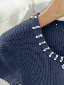 Franclia Women's Spring/Summer Casual Elegant Daily Versatile Solid Color Round Neck Regular Shoulder Slim Fit Short Sleeve Rhinestone & Pearl Button Decor Single-Breasted Ruffle Hem Regular Knit Cardigan - Blue - View 4