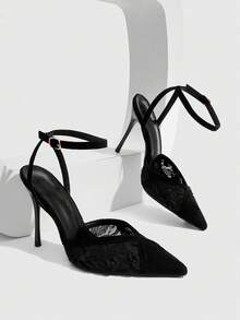 CUCCOO SZL Black Lace Mesh Pointed Buckle Back Empty Stiletto Shoes, Commuter Workplace Model - Black - View 1