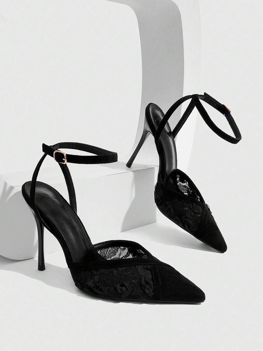 CUCCOO SZL Black Lace Mesh Pointed Buckle Back Empty Stiletto Shoes, Commuter Workplace Model - Black - View 1