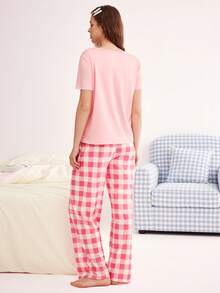 Eraneu Women's Strawberry Bow Print Short Sleeve & Plaid Long Pants Pajama Set - Pink - View 2