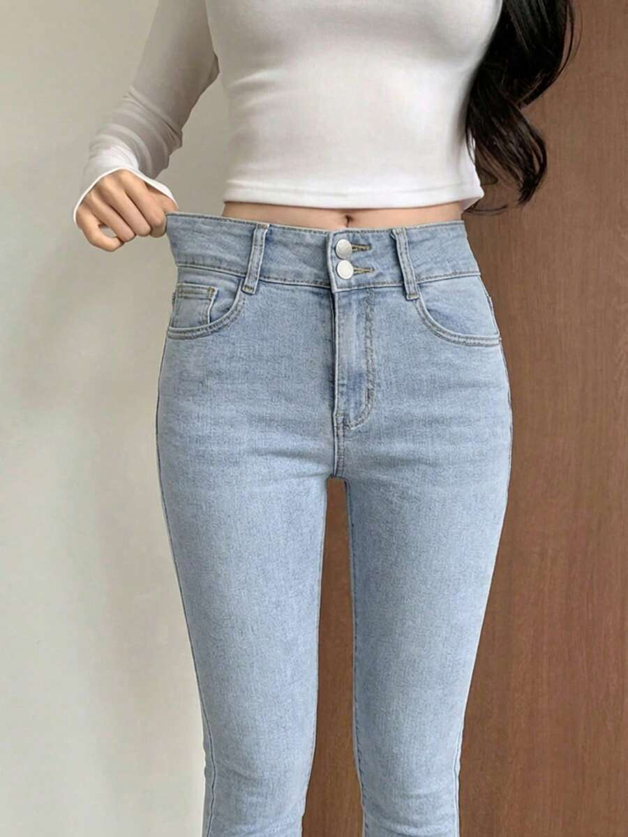 DAZY 女士休闲日常通勤百搭修身牛仔裤 - 藍色 - 查看 1