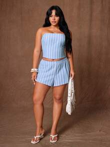 Rustia Plus Size Summer Striped Bandeau Top & Striped Shorts Casual Set - Blue - View 5