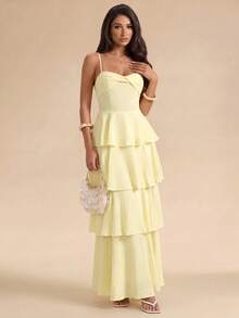 SHEIN Glamour Hellgelbes gestuftes Tortenkleid mit gedrehten Spaghettiträgern für Strandurlaub und Abendparty - Hellgelb - Übersicht 6