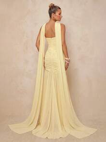 Lumalex Gaun Chiffon Musim Panas Elegan Warna Kuning Muda, Gaun Formal untuk Prom, Pernikahan, Pengiring Pengantin, Model Ekor Ikan, Leher Halter (Payet yang Dapat Dilepas), Bagian Dada Berkerut, Jaring Transparan - Kuning - View 3