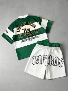 PAVTROS 男士美式學院風徽章刺繡T恤短褲兩件套，Polo領半袖T恤，2合1短褲，針織運動套裝，美式復古學院風，高街時尚，奢華運動風，日常通勤、校園活動、聚會、輕社交、高爾夫及其他戶外運動，節日禮物 - 綠色 - 查看 2