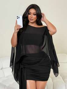 NU&NOW Plus-Size Women's Chiffon Top Knit Ribbon Skirt Sexy Elegant Two Pieces Set - Black - View 3