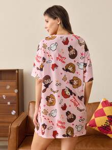 HARRY POTTER X SHEIN Women's Cartoon Print Round Neck Short Sleeve Nightgown - Pink - View 2