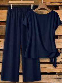 EMERY ROSE Plus Size Women Solid Color Side Knot Shirt And Pants Casual 2 Pieces Set - Navy Blue - View 2