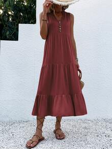 Breezaya Vestido de túnica con detalle de botones y bajo con volantes, vestido largo ideal para vacaciones en la playa para mujeres - Color caoba - Ver 5