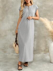 EMERY ROSE Women's Zipper Casual Solid Color Loose Fit Short Sleeve Long Dress, Summer Everyday Light Grey Birthday Going Out Vacation Outfits - Grey - View 3