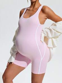 SHEIN 孕婦純色滾邊休閒背心式運動連身褲 - 粉色 - 查看 8