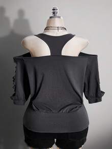SHEIN ICON 大尺碼女款字母骷髏印花休閒百搭日常穿搭T恤 - 深灰色 - 查看 2