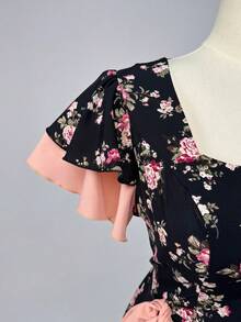 Sweetra Plus Size Spring/Summer Floral Patchwork Tie-Up Elegant Vacation Dress - Black - View 6