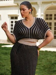 VOLUPTÉ CURVE Plus Size Women's Spring/Summer Black 2-Piece Set V-Neck Striped Knit Short Sleeve Top & Maxi Skirt, Elegant Casual Business Vacation Outfit - White - View 1