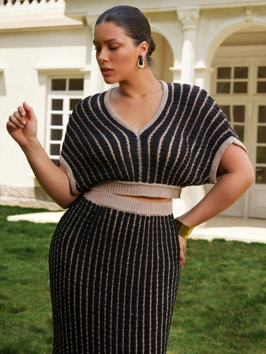 VOLUPTÉ CURVE Plus Size Women's Spring/Summer Black 2-Piece Set V-Neck Striped Knit Short Sleeve Top & Maxi Skirt, Elegant Casual Business Vacation Outfit - White - View 1