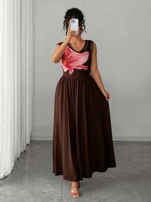 Elenzga Robe midi drapée style bohème pour femmes grandes tailles, col asymétrique, imprimé floral crème, printemps/été, tenue élégante pour vacances, plage, fête, jupe drapée ample parfaite pour la plage, photos de jardin, fête d'anniversaire ou dîner romantique - Marron - Voir 6