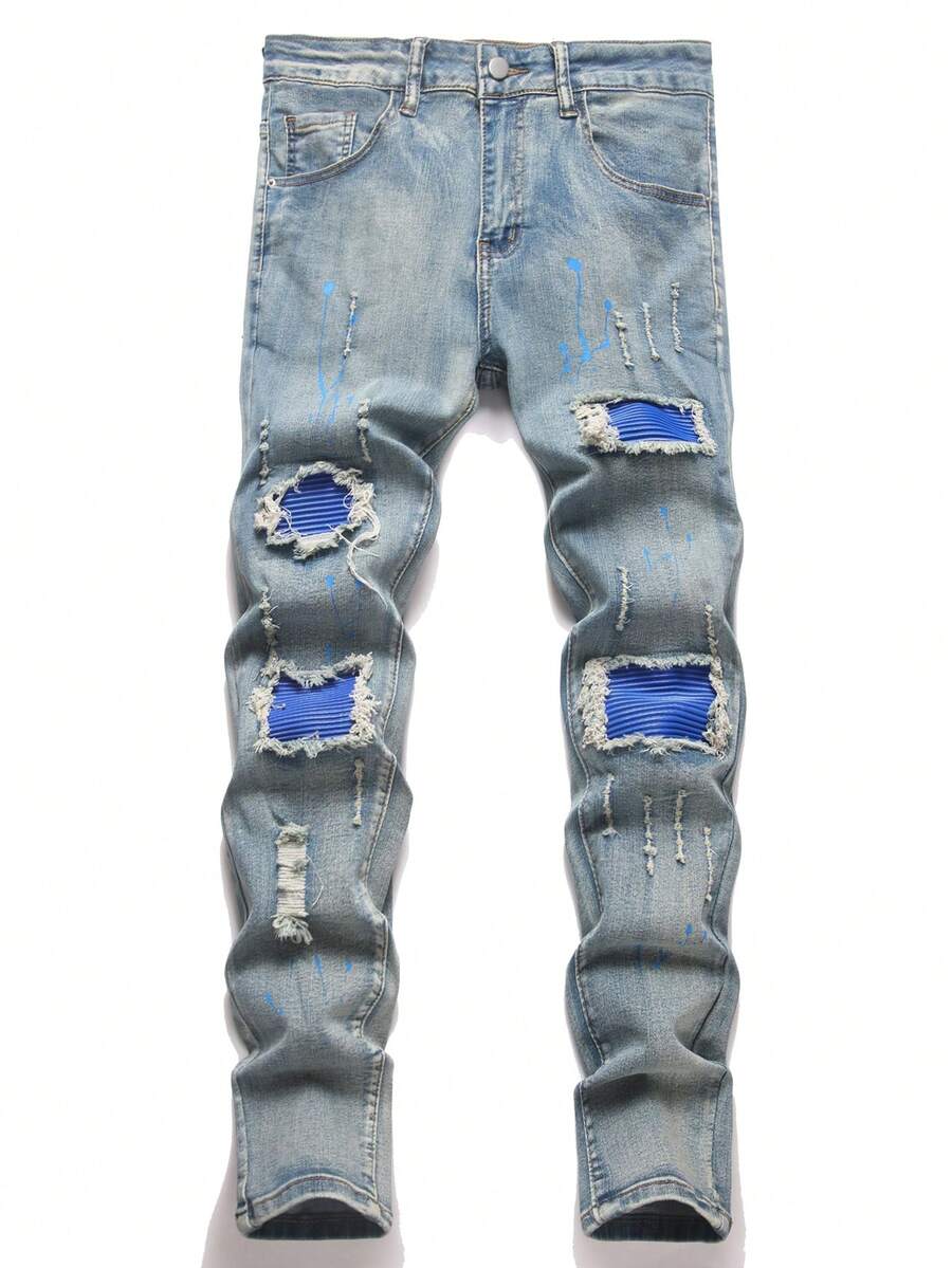 Manfinity Roughcore Men's Slim Fit Ripped Pocket Casual Denim Jeans Men Ripped Jeansstreetwear Jeans - Light Wash - View 1