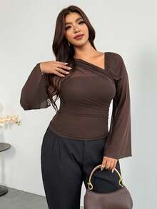 Firerie Plus Size Women's Solid Color Asymmetric Collar Bell Sleeve Fashion Brown Top For Women Elegant Office Business Work Top Elegant Graduation Top Women - Coffee Brown - View 3