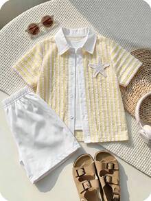 Kids Young Boy Young Boy 2pcs/Set Spring/Summer Casual Versatile Vacation Style Striped Short Sleeve Shirt & Knit Shorts Set Young Boy Outfit Set Cozy - Multicolor - View 4