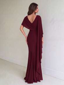 Aloruh Fall Winter,Elegant Luxurious Navy Blue Satin Ruffle Sleeve Sexy Slit Fishtail Bridesmaid Dress Wedding,Party, Wedding ,Fashionable - Burgundy - View 3