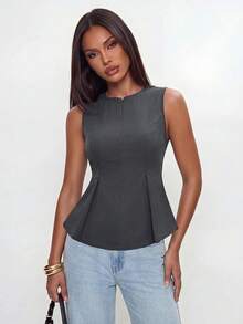 Avantive Women's Solid Color Zipper Front Pleated Tank Top For Daily Wear And Vacation - Dark Grey - View 6