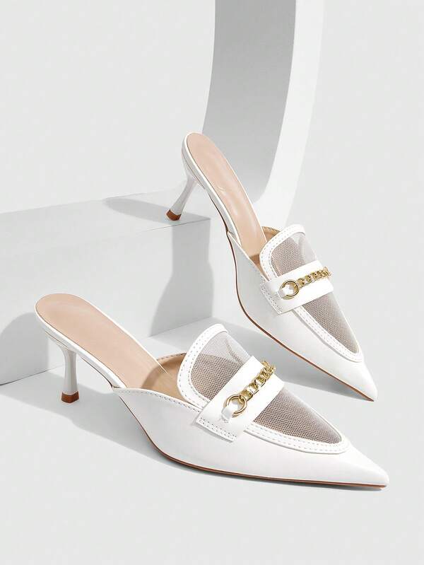 CUCCOO SZL Women Shoes White Mesh Stitching Pointed Thin Heels Mules Shoes, Metal Chain Decoration, Commuter Dating, Daily Ripe Style Versatile Women's Shoes