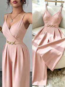 Elenzga New Women's Elegant Youthful Casual Versatile Woven Textured Camisole Jumpsuit With Metal Ring Waist Detail - Pink - View 4