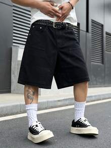 Manfinity Hypemode Spring/Summer Casual Mature Washed Deep Blue Loose Fit Double Knee Cargo Denim Shorts - Black - View 5