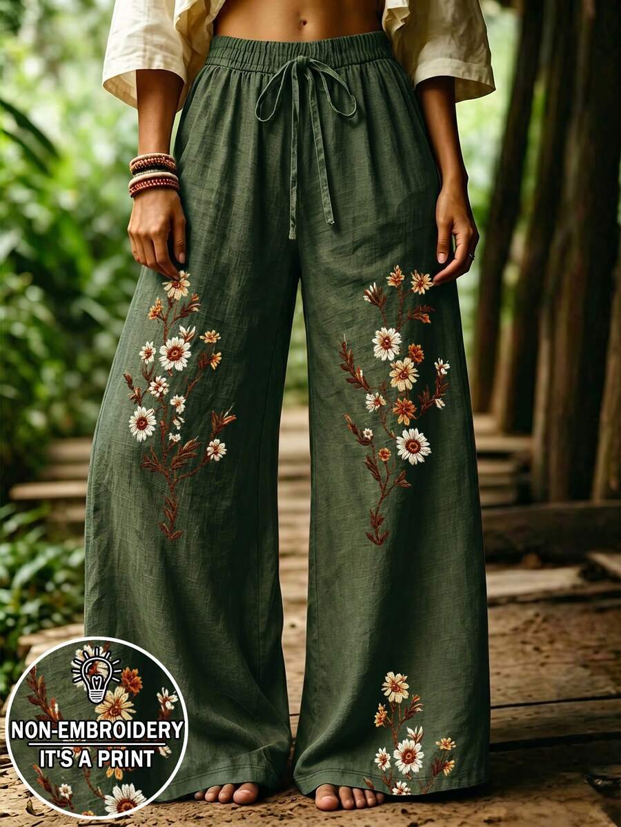 Selamara 波希米亞風咖啡色雛菊仿刺繡長褲,夏季復古田園高腰鬆緊腰寬鬆垂墜寬腿褲 - 彩色 - 查看 1