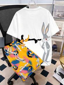 LOONEY TUNES X SHEIN Manfinity Joysei 男士大尺碼字母印花短袖T恤與抽繩腰短褲休閒套裝 - 白色 - 查看 2