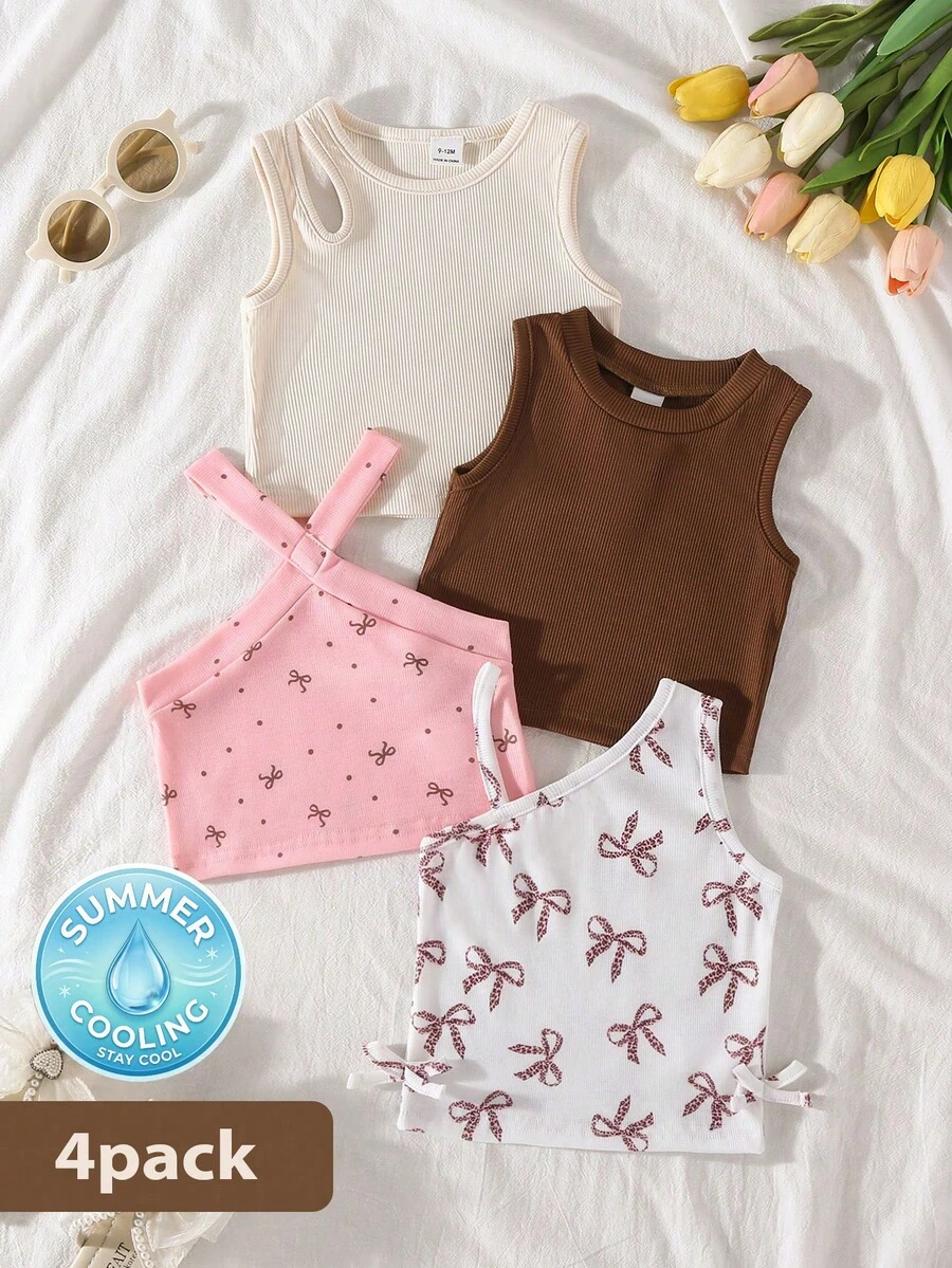 SHEIN Playful Pals 4件套多巴胺灵感女婴套装,甜美蝴蝶印花和纯色背心,轻薄透气,柔软亲肤,适合夏季穿着。 - 彩色 - 查看 1