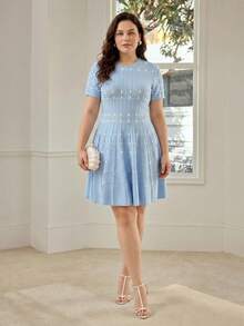 MOTF PREMIUM WOMEN'S PLUS SIZE SHORT SLEEVE ROUND NECK BLUE SHORT SWEATER DRESS FOR DAILY WEAR AND DATING, AUTUMN/WINTER - Blue - View 1
