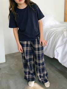DAZY 青少年女孩格紋長袖T恤與寬鬆直筒長褲休閒睡衣夏季款 - 藏蓝色 - 查看 6