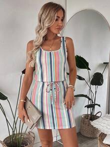SHEIN LUNE Vestido mini holgado con estampado de rayas de colores, adecuado para vacaciones de primavera/verano - Multicolor - Ver 6